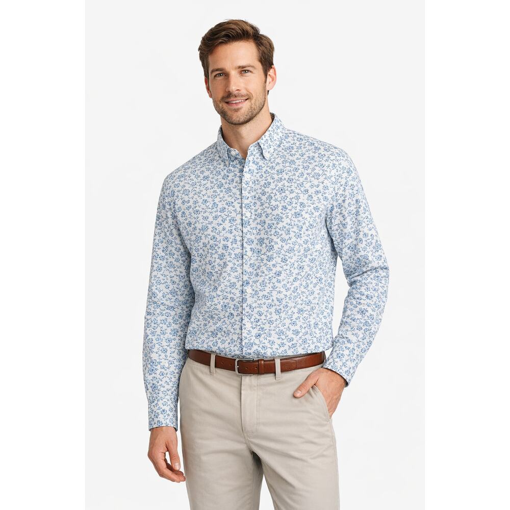 LANDS END XL Tall Radiant Navy/Blue Floral Essential Lightweight Spring Shirt